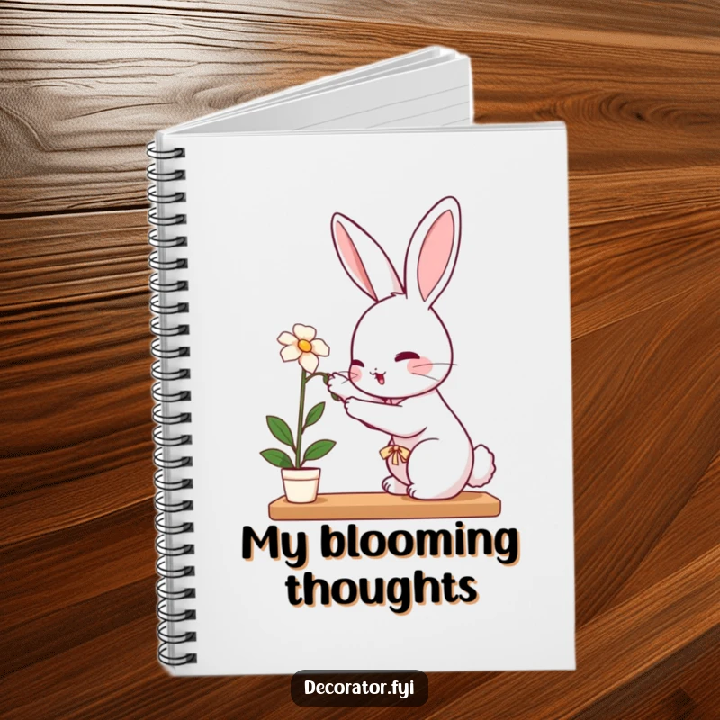 Funny rabbit notebook with a perky rabbit carefully placing a delicate flower on a shelf, ready to record gentle thoughts.