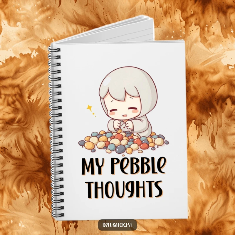 Funny notebook featuring a content character arranging tiny decorative stones, perfect for jotting down peaceful plans and ideas.