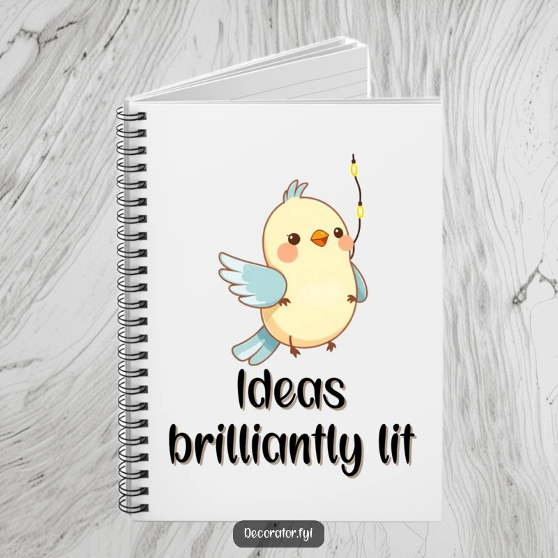 Funny notebook cover with a happy bird hanging miniature lights, perfect for jotting down festive thoughts and ideas.