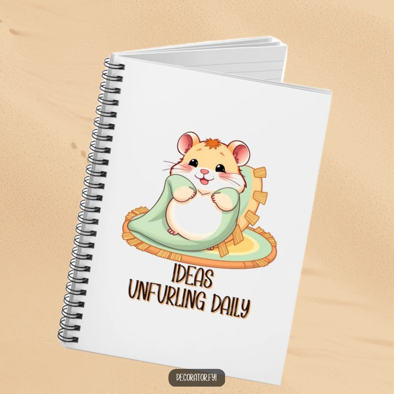 Funny notebook cover with a hamster happily unfurling a patterned rug, perfect for jotting down cozy ideas and plans.