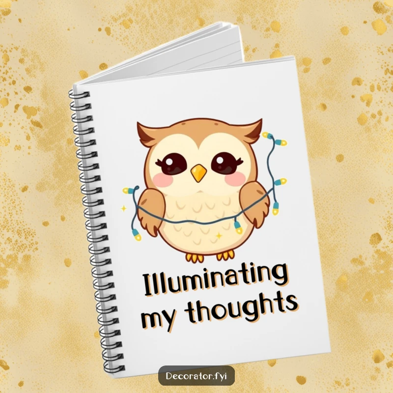 Funny notebook with a giggling owl character gleefully draping twinkling lights, ideal for capturing humorous notes.