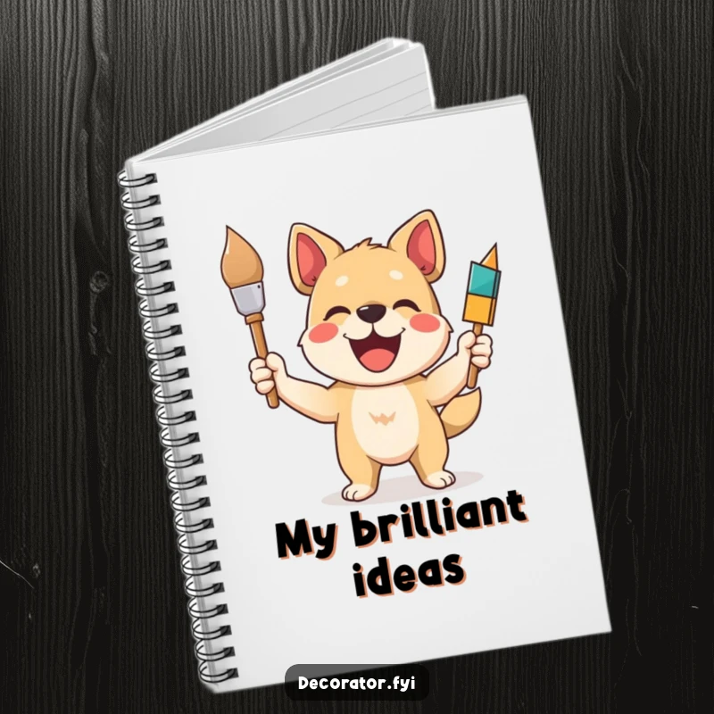 Funny dog notebook featuring a delighted dog artist holding a paintbrush, ideal for capturing creative ideas and artistic notes.
