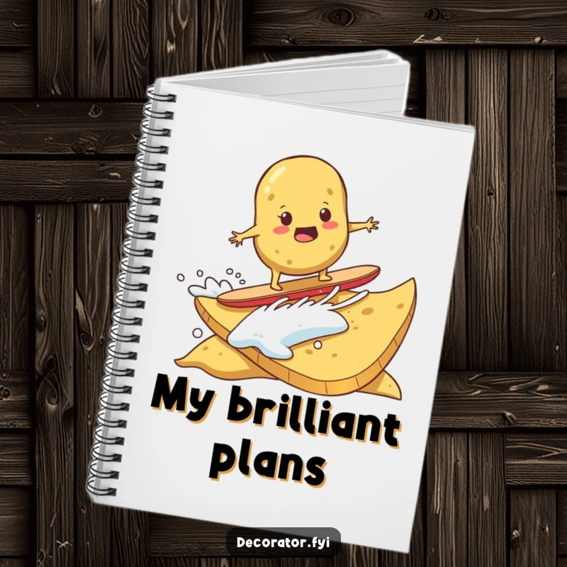 Funny notebook showing a determined potato surfing on a giant potato chip. Perfect for journaling.