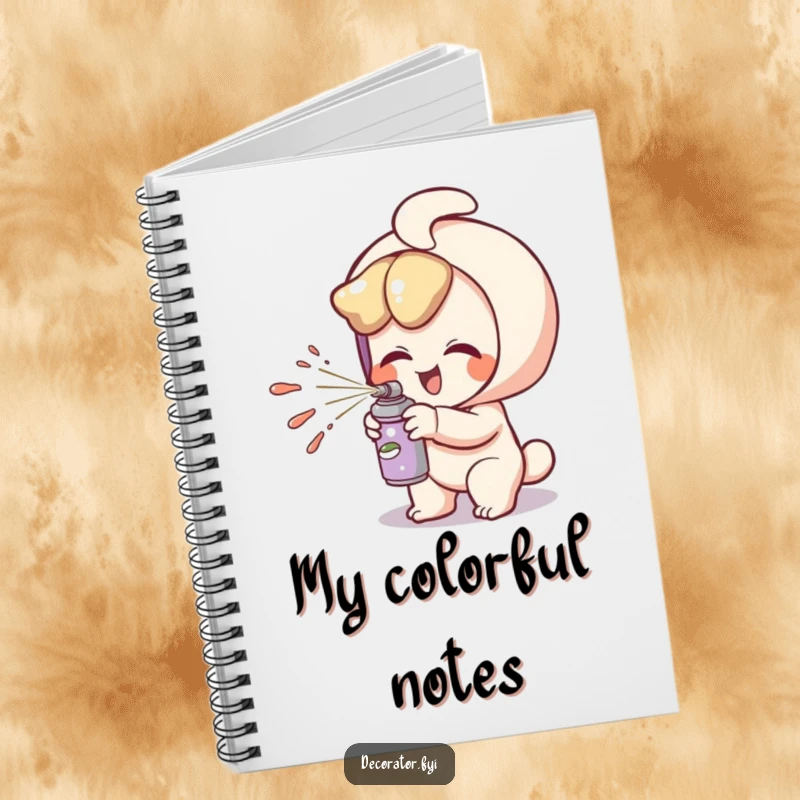 Funny notebook with a giggling character playfully spritzing paint, perfect for jotting down creative ideas.