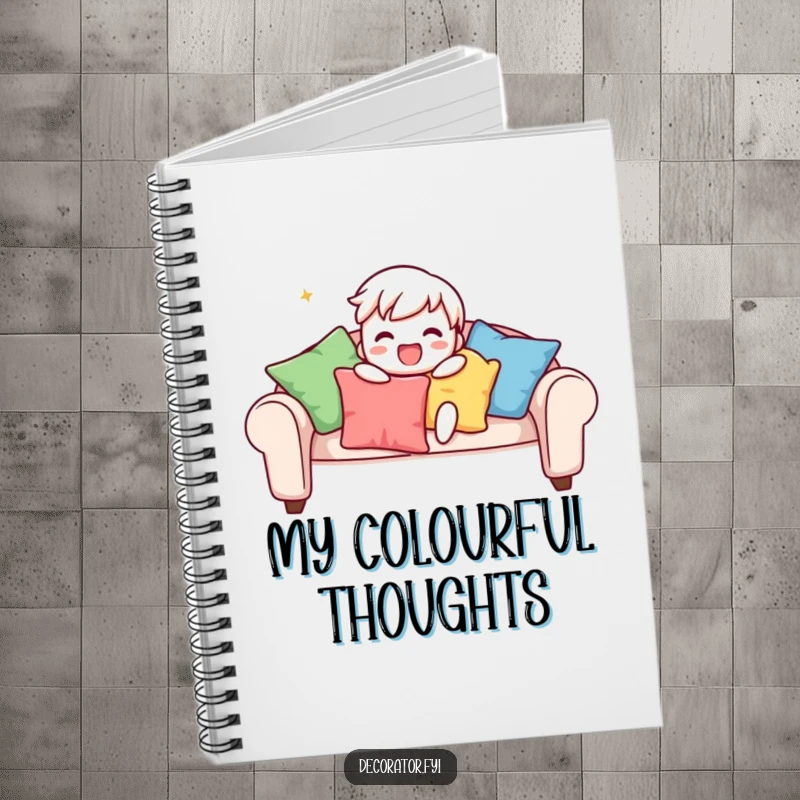 Funny notebook with a playful character gleefully arranging colourful cushions on a sofa, perfect for jotting down decor ideas humorously.