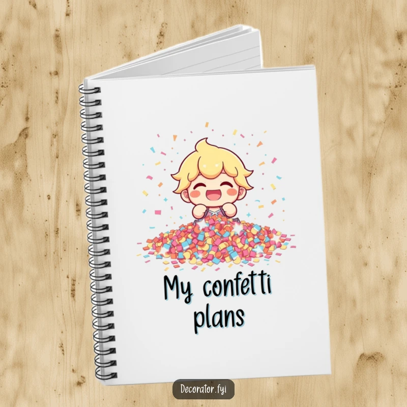 Funny character excitedly arranging confetti, ready to record party plans and joyous thoughts, a motivational and festive funny gift.