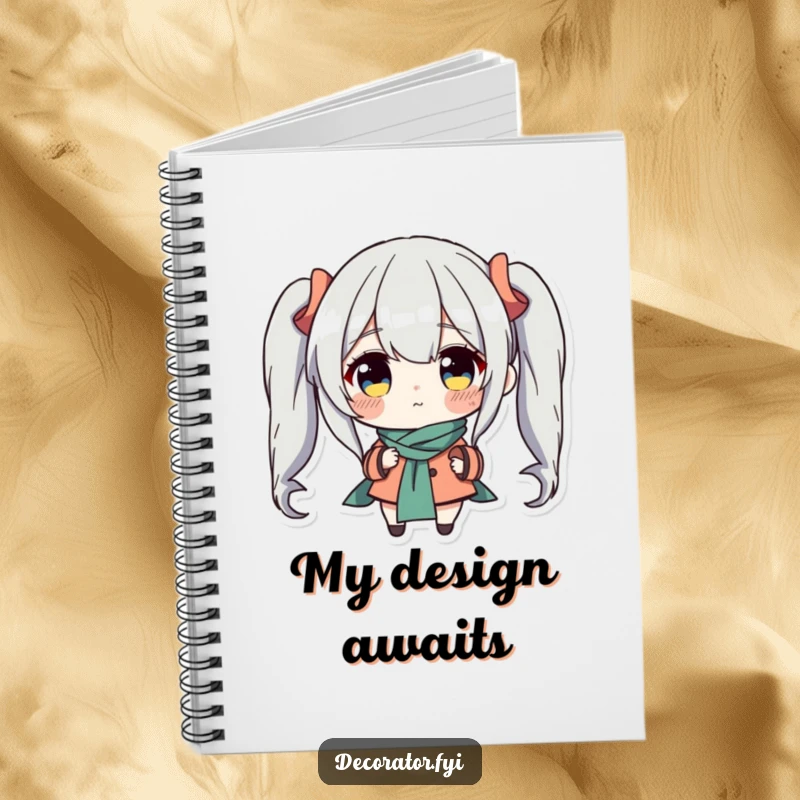 Funny notebook cover with a determined character carefully placing a charming accent piece, symbolizing organized thought and humorous dedication for note-taking.