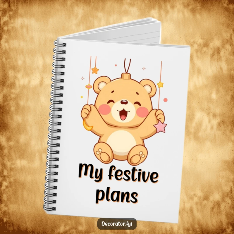 Funny bear cub enthusiastically hanging shiny ornaments, depicted on the cover of a notebook, inspiring humorous holiday notes.