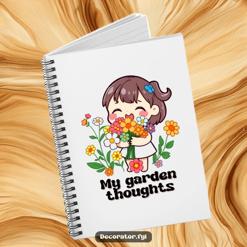 Funny notebook with a playful character joyfully arranging colorful flowers into a bouquet, perfect for floral journaling.