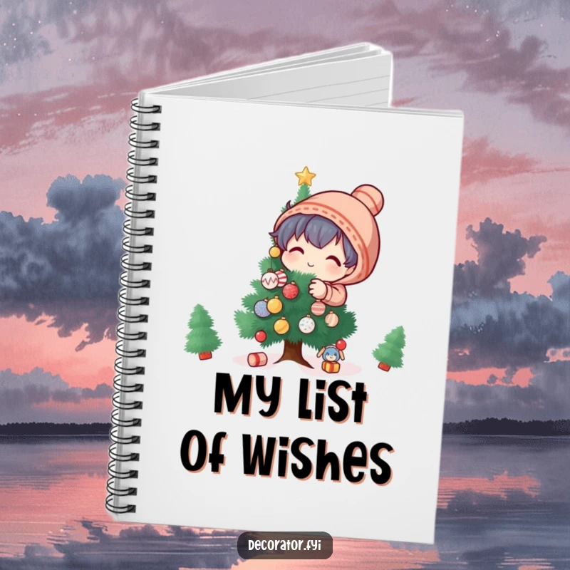 Funny Notebook: A playful character decorates a small tree with tiny, glittering ornaments for holiday planning.