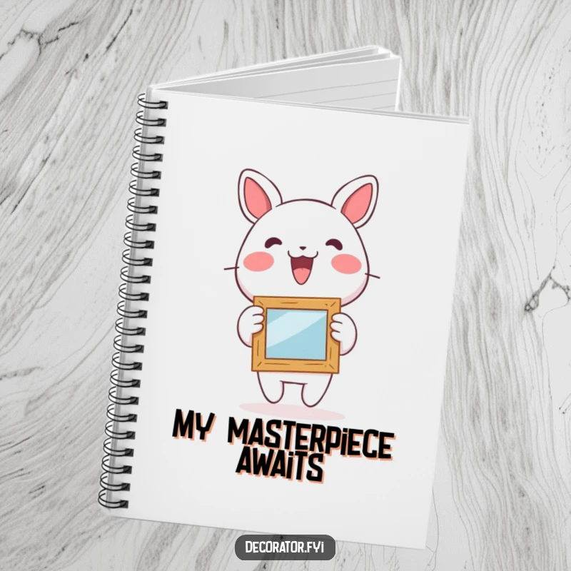 Funny notebook featuring a lively character excitedly hanging a small, whimsical picture frame, perfect for creative notes.