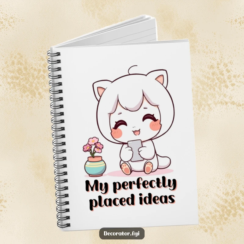 Funny decor notebook with a contented character admiring a perfectly placed accent piece, inspiring design ideas.