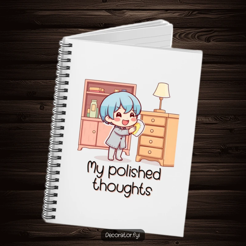 Funny content character happily polishing furniture on the cover of a notebook, symbolizing organized thoughts.