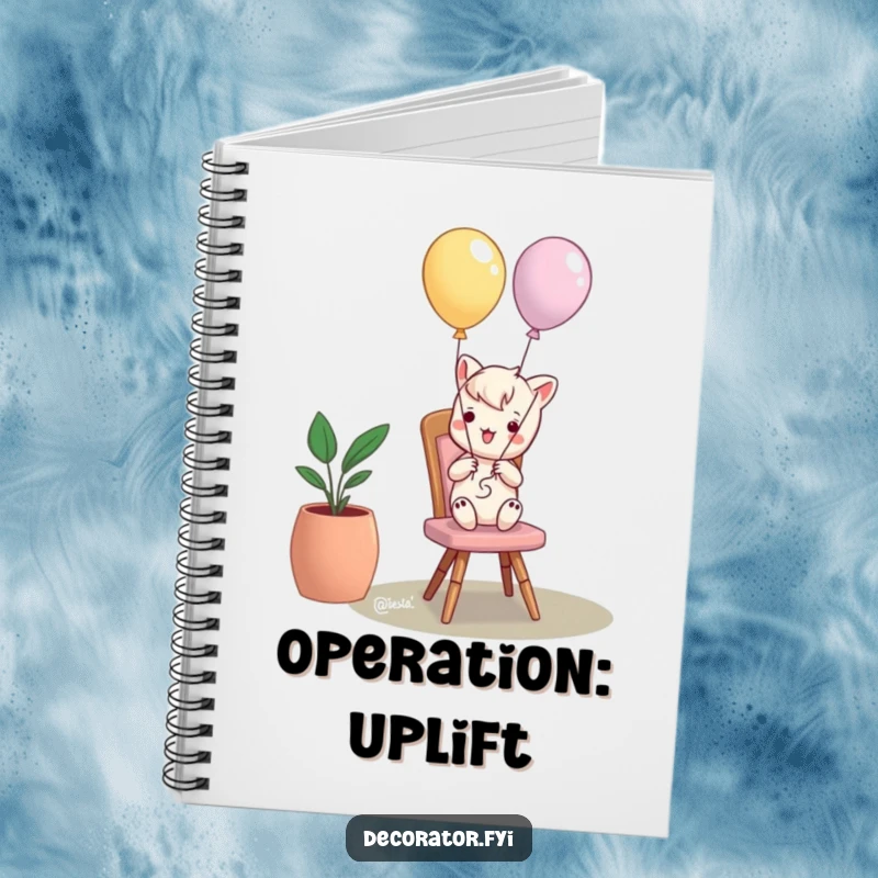 Funny notebook featuring a mischievous character tying balloons to a chair, perfect for jotting down funny thoughts and ideas.