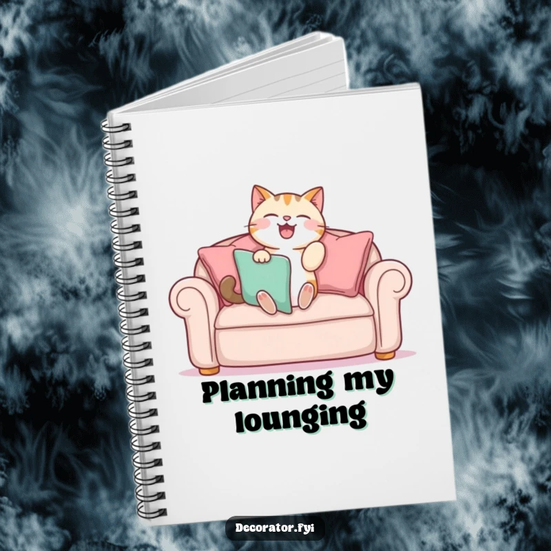 Funny notebook cover featuring a cat gleefully arranging sofa cushions, perfect for jotting down creative ideas and pet observations.