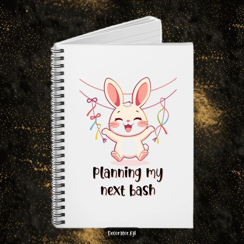 Funny notebook with a joyous rabbit character hanging streamers on the cover, perfect for party plans and notes.