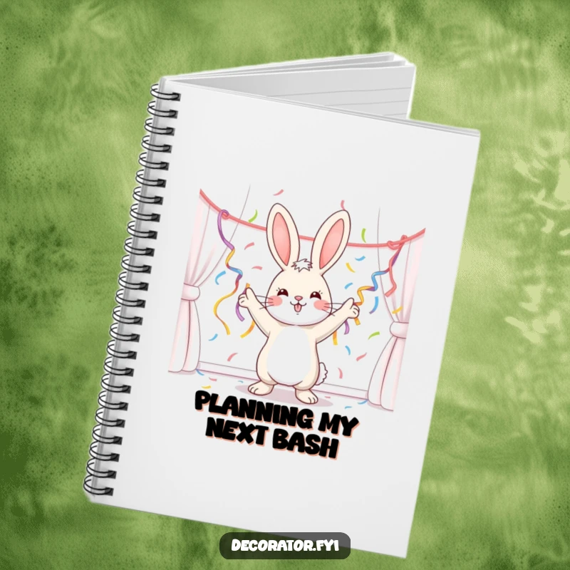 Funny bunny excitedly decorating with streamers, ready to record party plans and joyous thoughts, a motivational and festive funny gift.