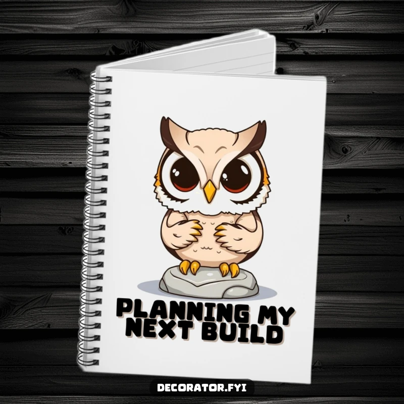 Funny notebook cover with a determined owl character meticulously placing a tiny statue, ideal for note-taking.