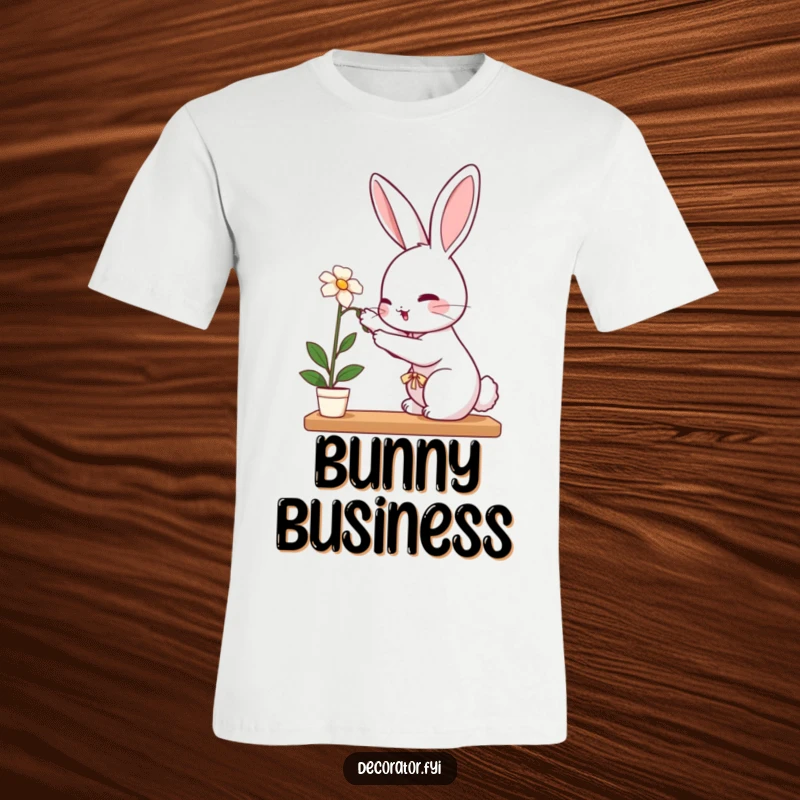 Funny rabbit t-shirt of a perky rabbit carefully placing a delicate flower on a shelf, embodying gentleness.