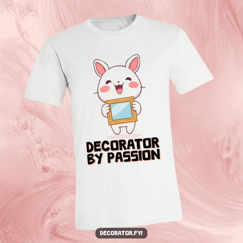 Funny t-shirt featuring a lively character joyfully hanging a small, whimsical picture frame, celebrating art and excitement.