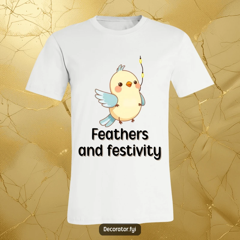 Funny t-shirt featuring a joyful bird happily stringing tiny lights, perfect for holiday parties and festive occasions.