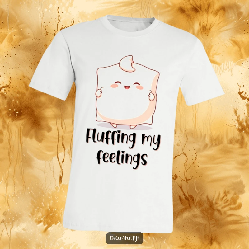 Funny t-shirt featuring a blissfully happy character enthusiastically fluffing a giant pillow with both hands, embodying pure cozy delight.