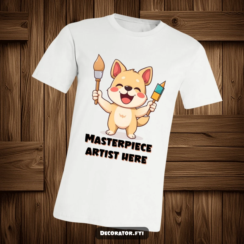 Funny dog t-shirt showing a delighted dog artist holding a paintbrush high, ready for creative endeavors, perfect for art enthusiasts.