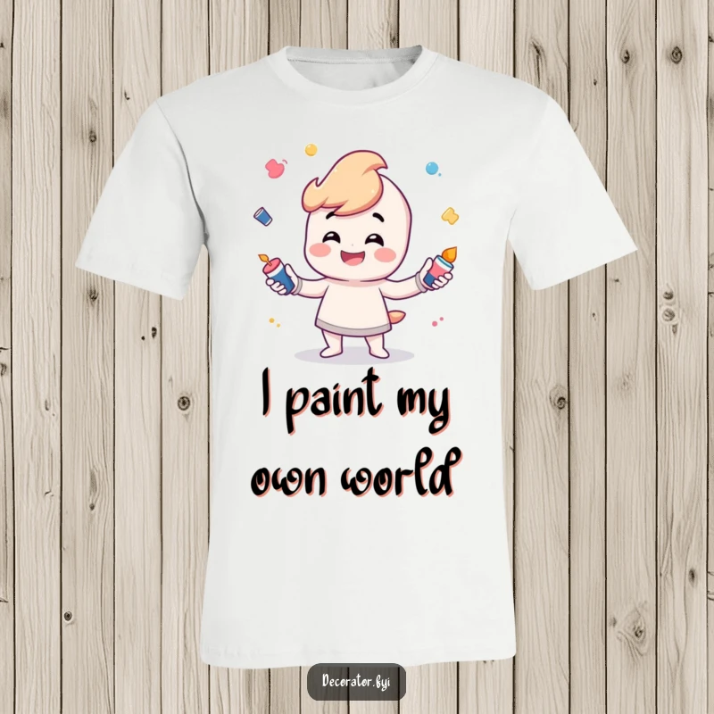 Funny T-Shirt depicting a cheerful character grinning broadly while effortlessly juggling tiny pots of colorful paint.
