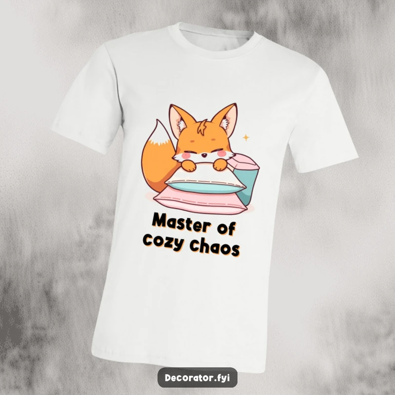 Funny t-shirt depicting a mischievous fox character arranging cushions with a playful wink, embodying cozy mischief.
