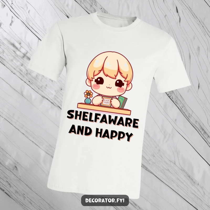 Funny T-Shirt depicting a radiant character with pure delight, admiring a small, exquisitely decorated shelf with admiration.