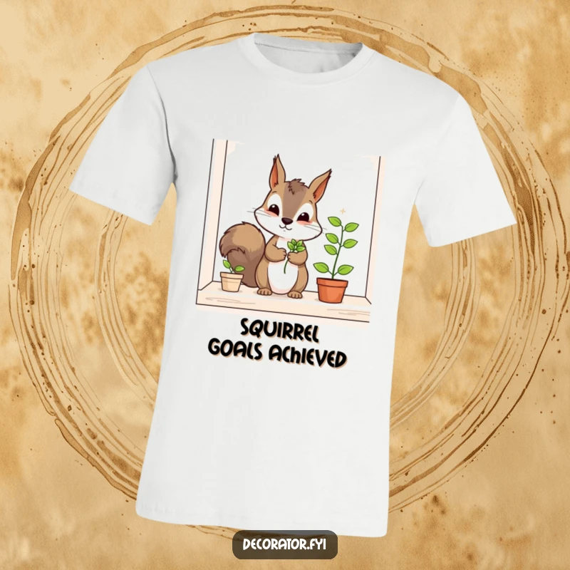 Funny squirrel t-shirt, a determined character meticulously adding a small plant to a shelf, celebrating gardening and unique personalities.
