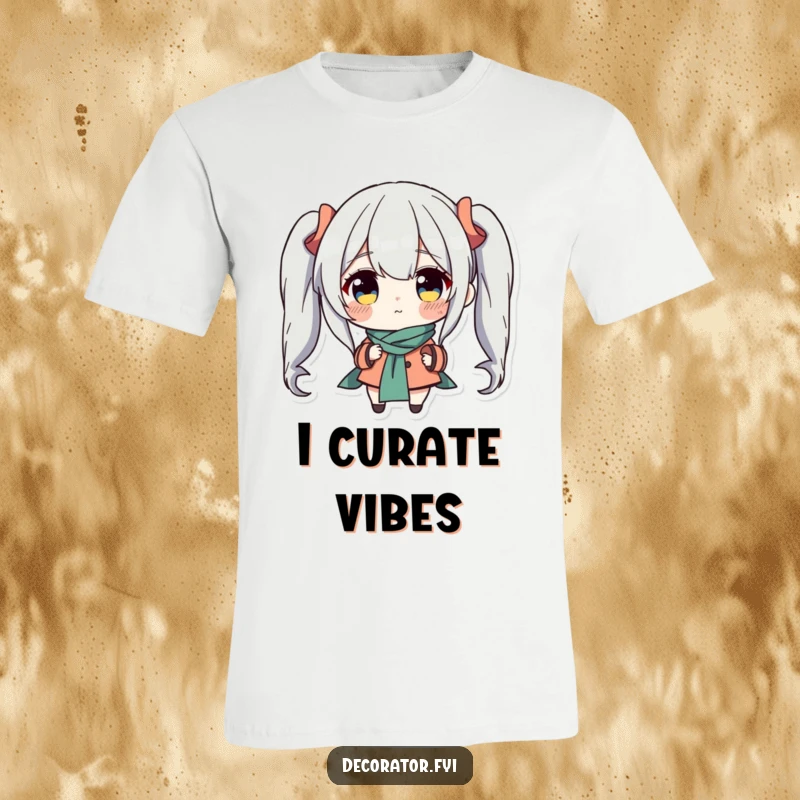 Funny t-shirt with a determined character carefully placing a charming accent piece, demonstrating their passion for interior design with a funny, proud expression.