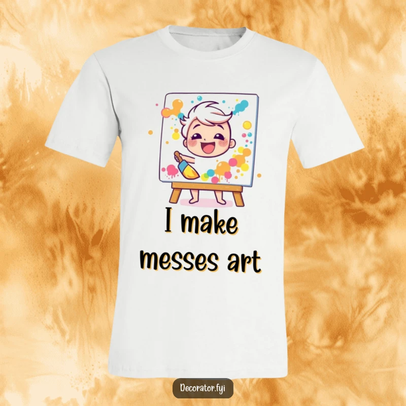 Funny t-shirt with a happy character gleefully splattering paint onto a canvas using a broad brush, embodying pure artistic joy.