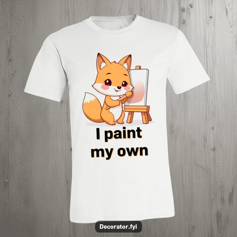 Funny t-shirt illustrating a smiling fox holding a paintbrush, poised before a canvas with artistic inspiration.