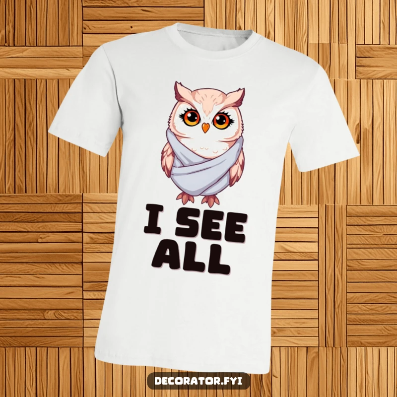 Funny T-Shirt: A whimsical owl with twinkling eyes is depicted draping soft fabric, radiating a humorous and charming aura.