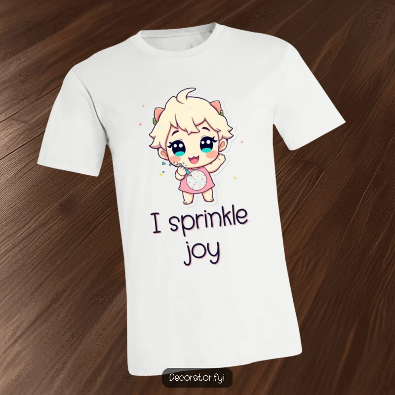Funny t-shirt showing a cheerful character enthusiastically applying glitter to a festive design, perfect for craft lovers.