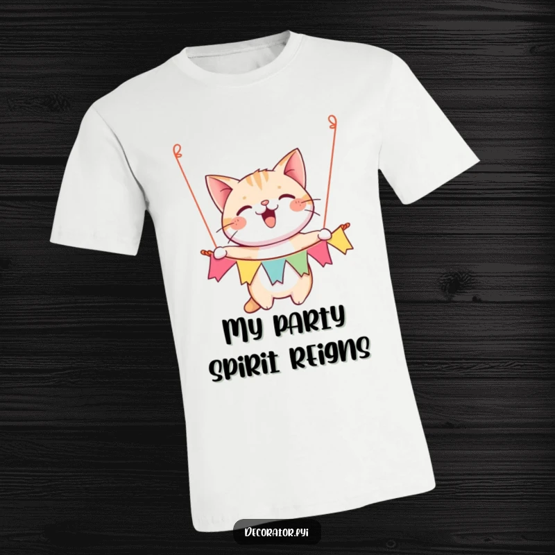 Funny t-shirt graphic of a happy cat character gleefully hanging a festive banner, spreading party cheer.