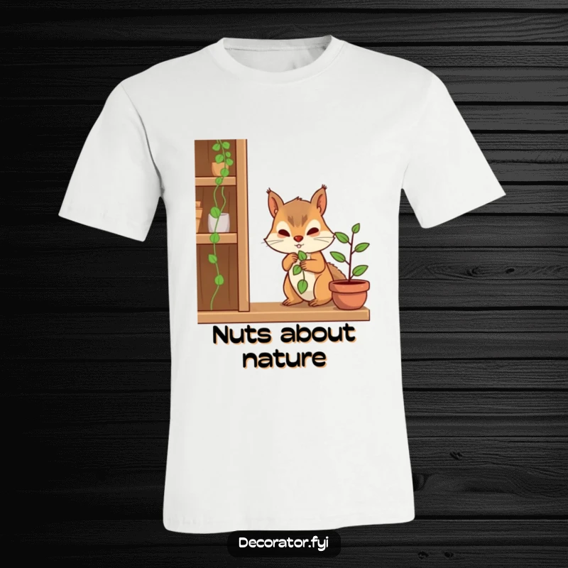 Funny t-shirt depicting a determined squirrel character carefully placing a small plant on a shelf, highlighting gentle focus.