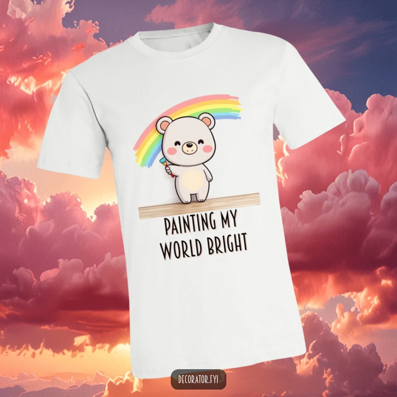 Funny bear character joyfully painting a vibrant rainbow on a wall with a paintbrush, embodying creativity in a humorous t-shirt design.