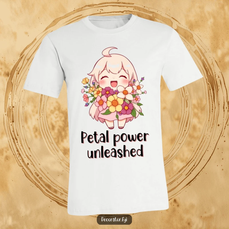 Funny t-shirt with a joyful character proudly showing off a stunning floral arrangement, exuding happiness and floral aesthetics.