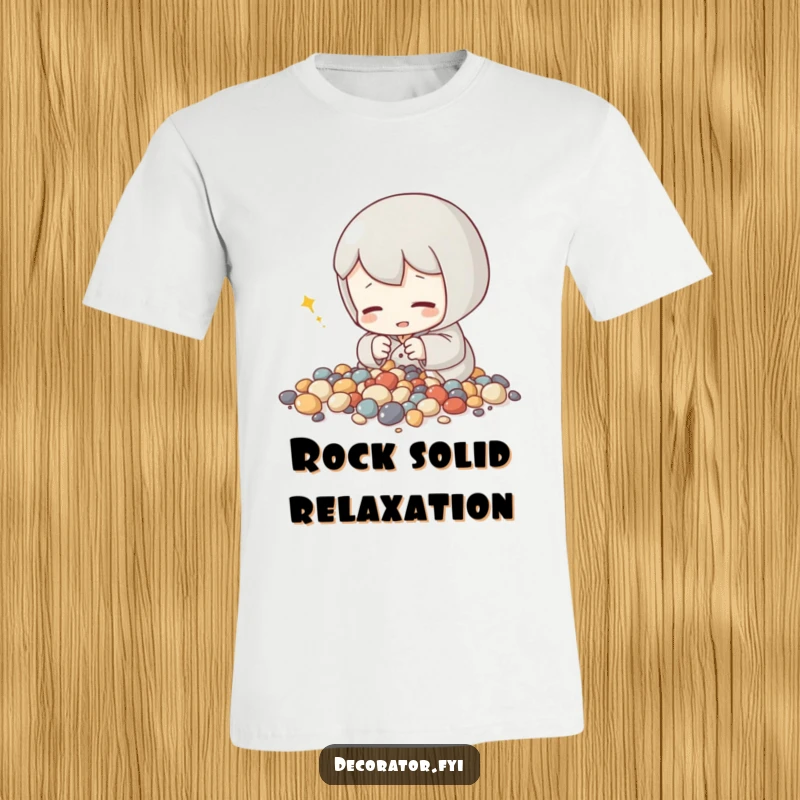 Funny t-shirt showing a content character humming while arranging small decorative stones, promoting inner peace and mindful humor.