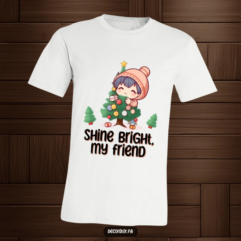 Funny T-Shirt: A playful character is busy decorating a miniature tree with tiny, glittering festive ornaments.