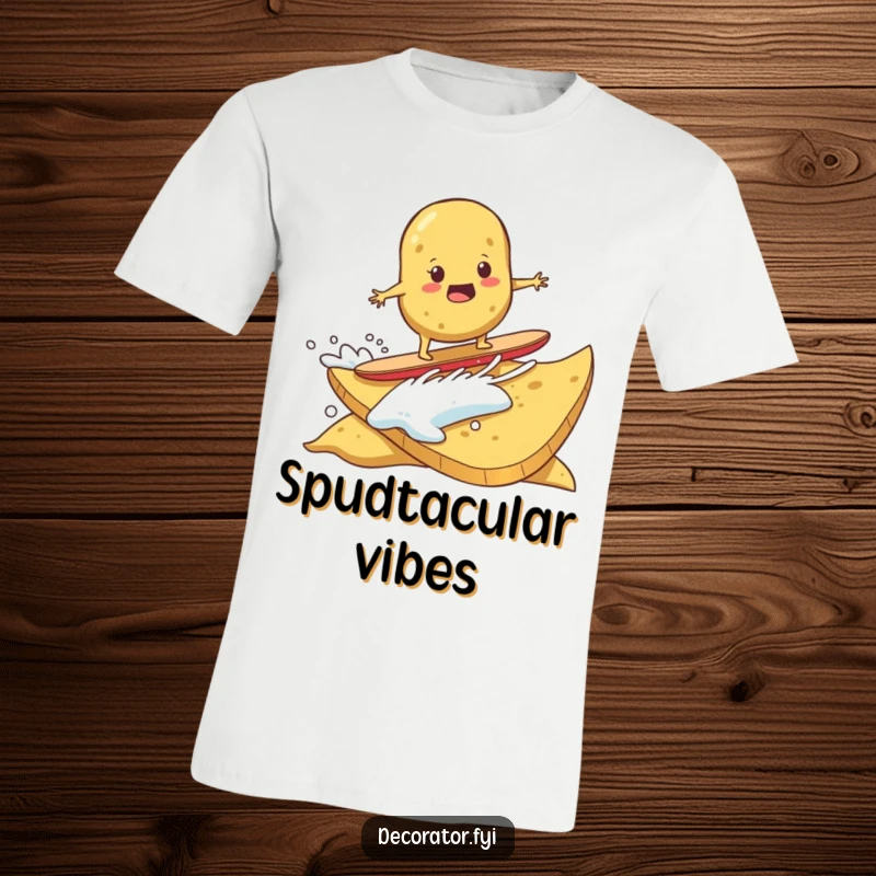 Funny t-shirt depicting a determined potato surfing on a massive potato chip. A humorous and adventurous gift.