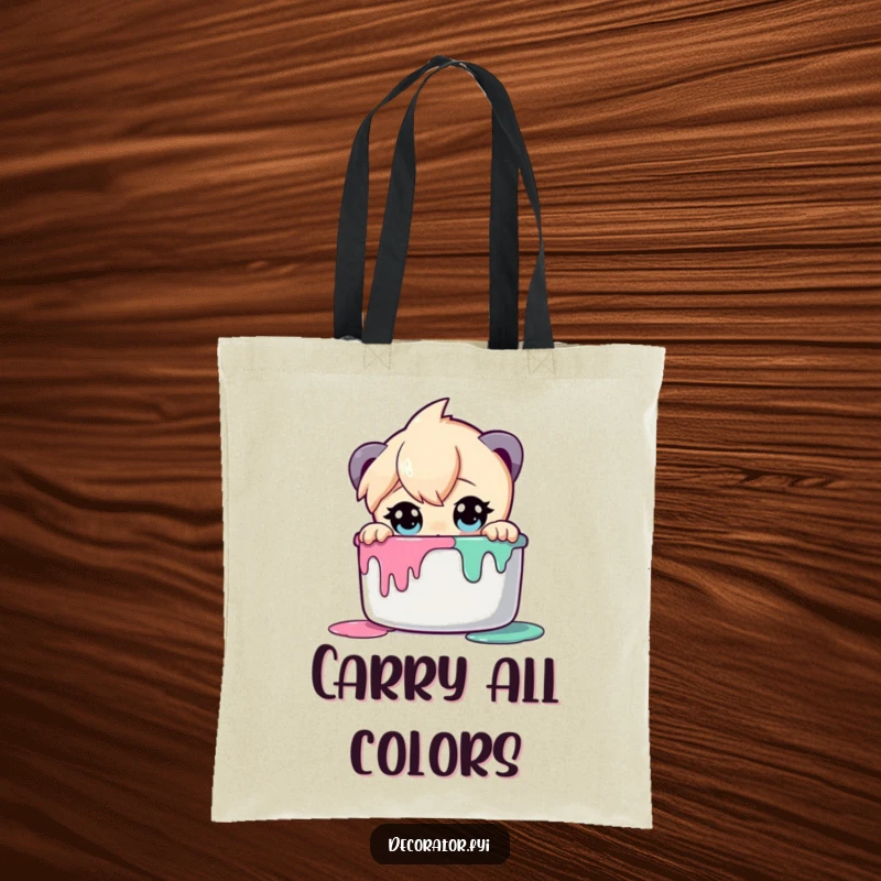 Funny tote bag showing a curious character with wide eyes looking into a paint pot, symbolizing artistic discovery.