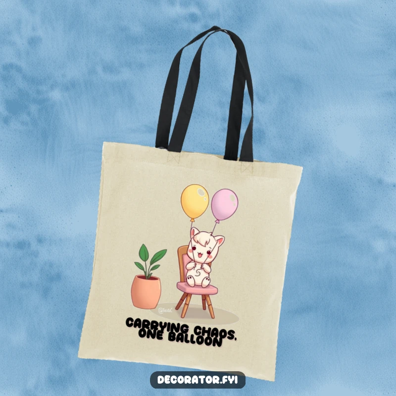 Funny tote bag showcasing a mischievous character tying balloons to a chair, ideal for carrying essentials with a humorous touch.