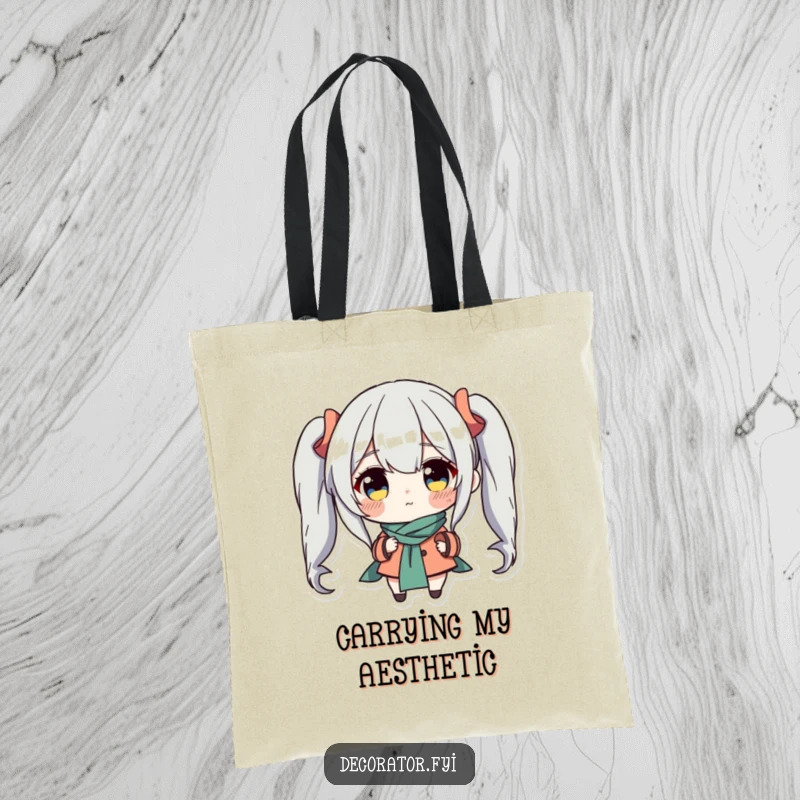 Funny tote bag showing a determined character carefully placing a charming accent piece, perfect for carrying groceries or decor finds with humorous flair.