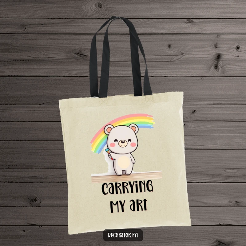 Funny happy bear character smiling brightly while painting a rainbow across a wall, depicted on a humorous and practical tote bag.