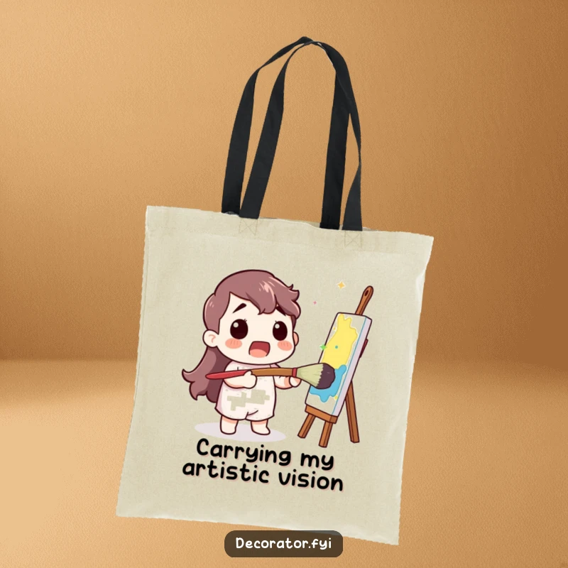 Funny Tote Bag: A surprised character joyfully uses a huge paintbrush to make a vibrant splash of color.