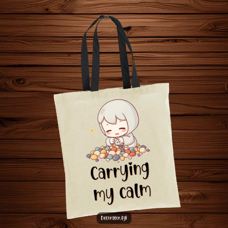 Funny tote bag featuring a content character arranging tiny decorative stones, ideal for carrying mindful treasures with humor.