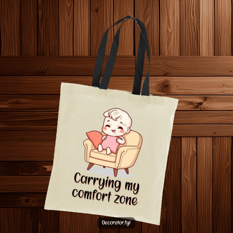 Funny Tote Bag: A beaming character carefully places decorative cushions on a stylish armchair, showcasing a love for interior design with humor.